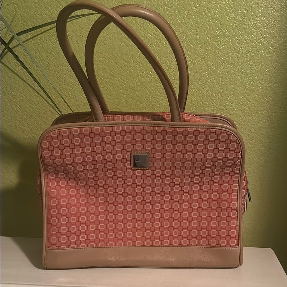 Nine West Tan and Orange Computer Shoulder Bag with Geometric Pattern